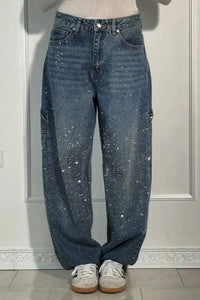 Wearclo | Sparkling Rhinestone Wide Leg Jeans