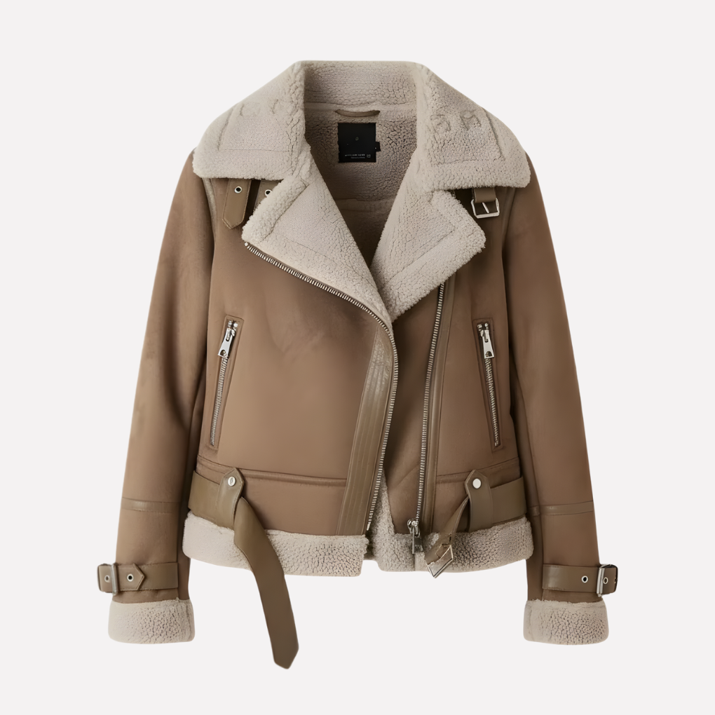 Wearclo | Women's Shearling Aviator Jacket with Belted Hem