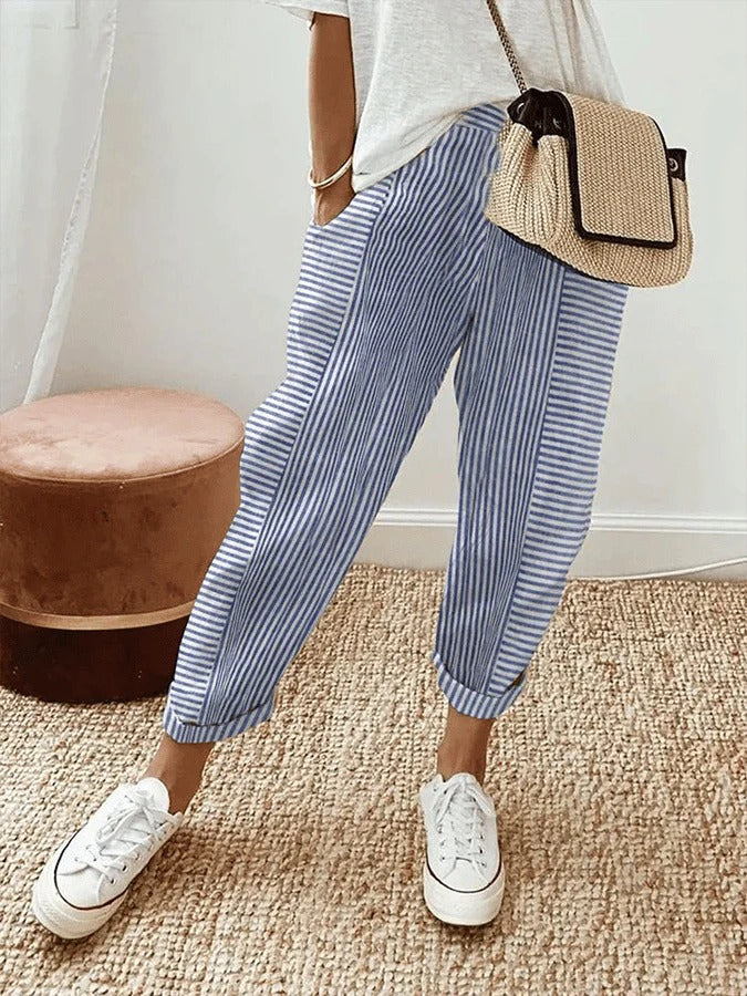 Wearclo | Women's Striped Lounge Pants - Casual Cropped Trousers