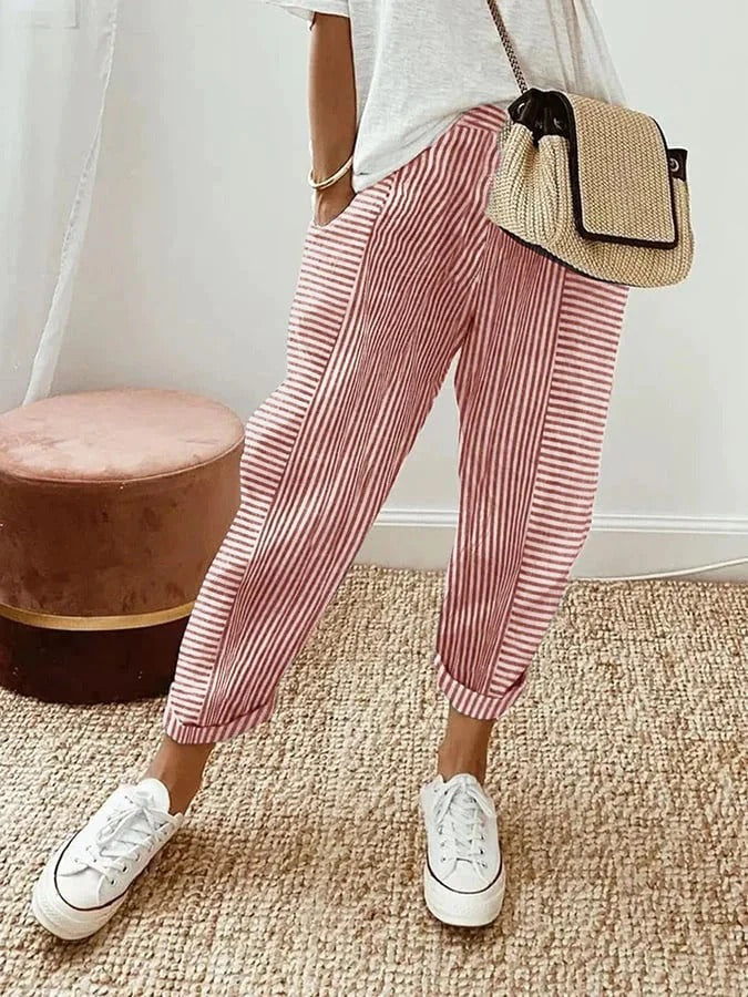 Wearclo | Women's Striped Lounge Pants - Casual Cropped Trousers