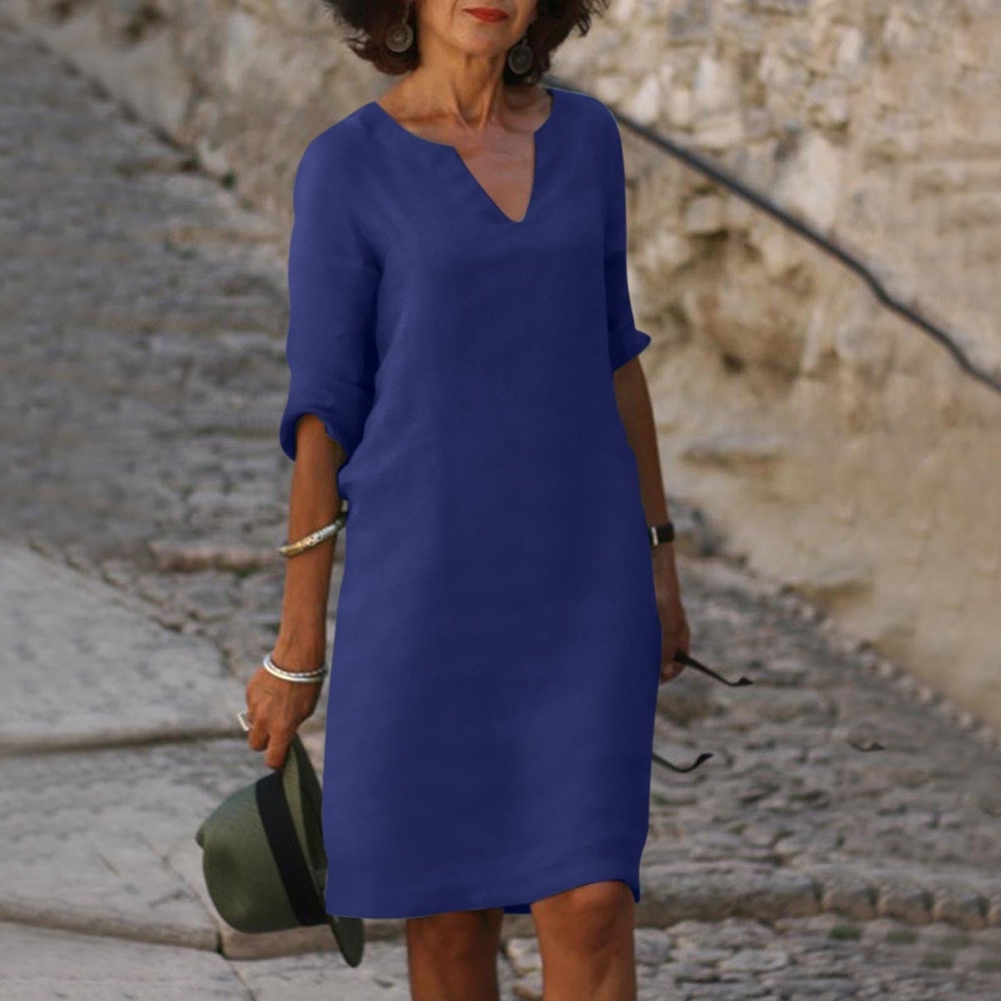 Wearclo | Women's V-Neck Linen Shift Dress