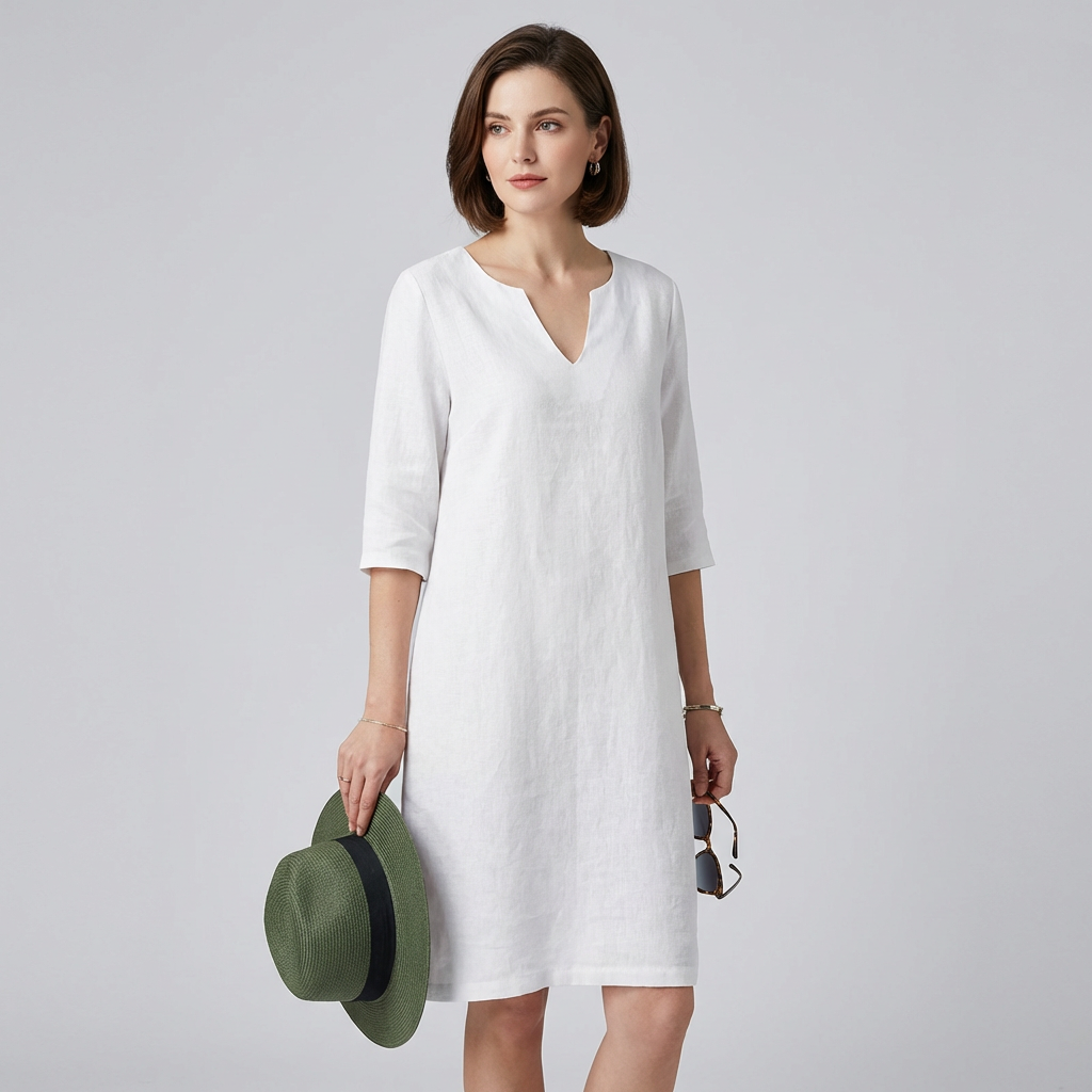 Wearclo | Women's V-Neck Linen Shift Dress