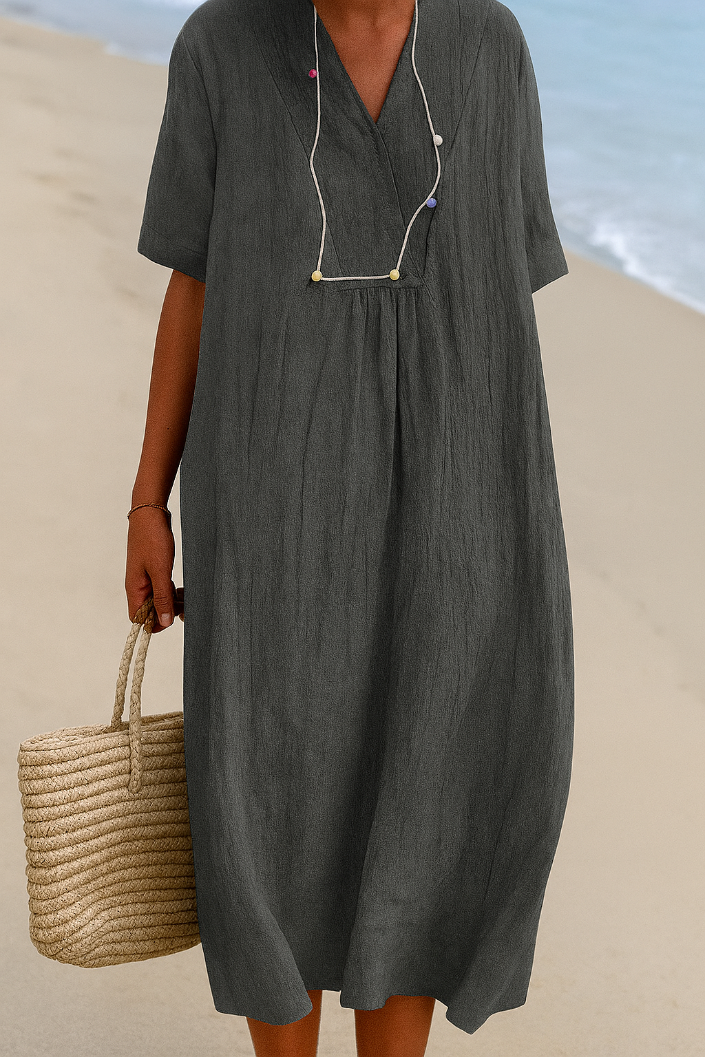 Wearclo | Women's V-Neck Midi Sundress with Pleated Front