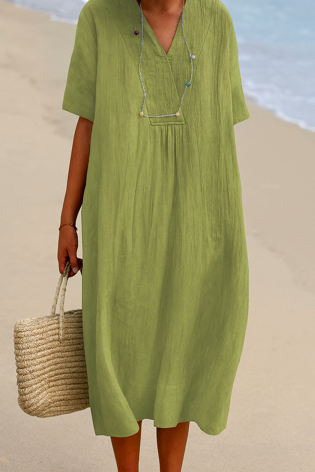 Wearclo | Women's V-Neck Midi Sundress with Pleated Front