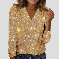 Women's V-Neck Sequin Top with Long Sleeves