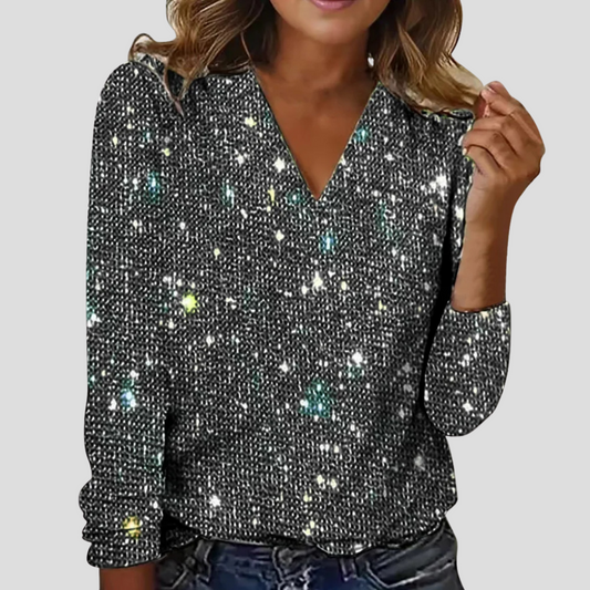 Wearclo | Women's V-Neck Sequin Long Sleeve Blouse