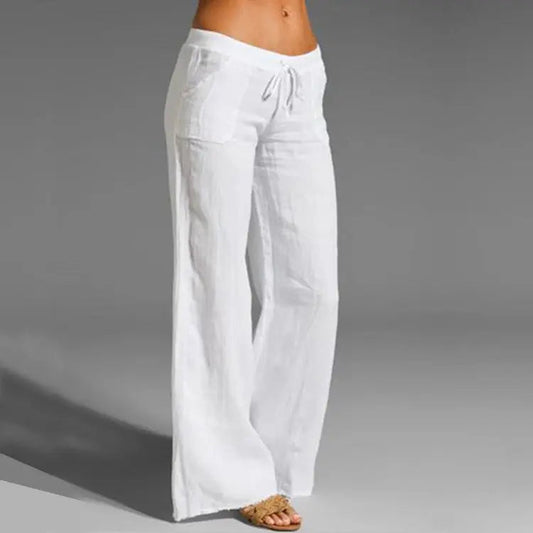 Wearclo | Women's Wide Leg Linen Pants with Drawstring Waist