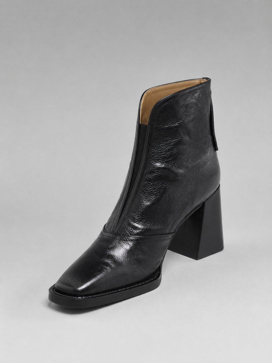 Women's Black Leather Square-Toe Block Heel Ankle Boots