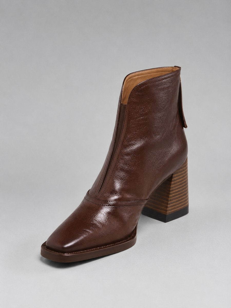 Women's Black Leather Square-Toe Block Heel Ankle Boots
