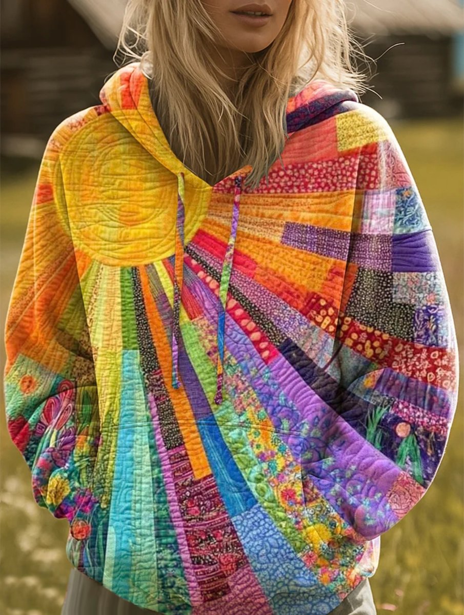 Women's Bohemian Patchwork Quilted Pullover Hoodie Sweater