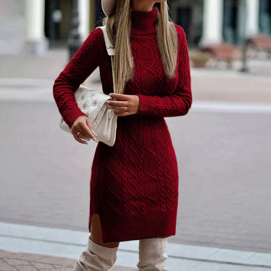 Women's Cable-Knit Long-Sleeve Turtleneck Dress with Side Slit