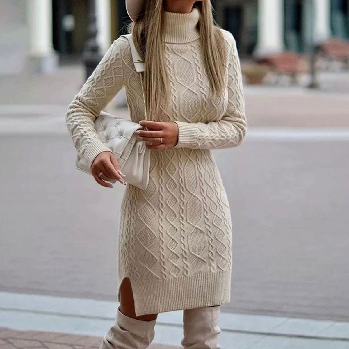 Women's Cable-Knit Long-Sleeve Turtleneck Dress with Side Slit