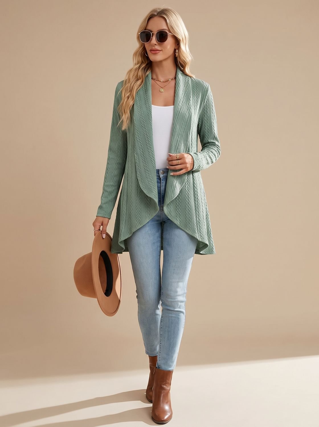 Women's Cable-Textured Open-Front Long-Sleeve Cardigan