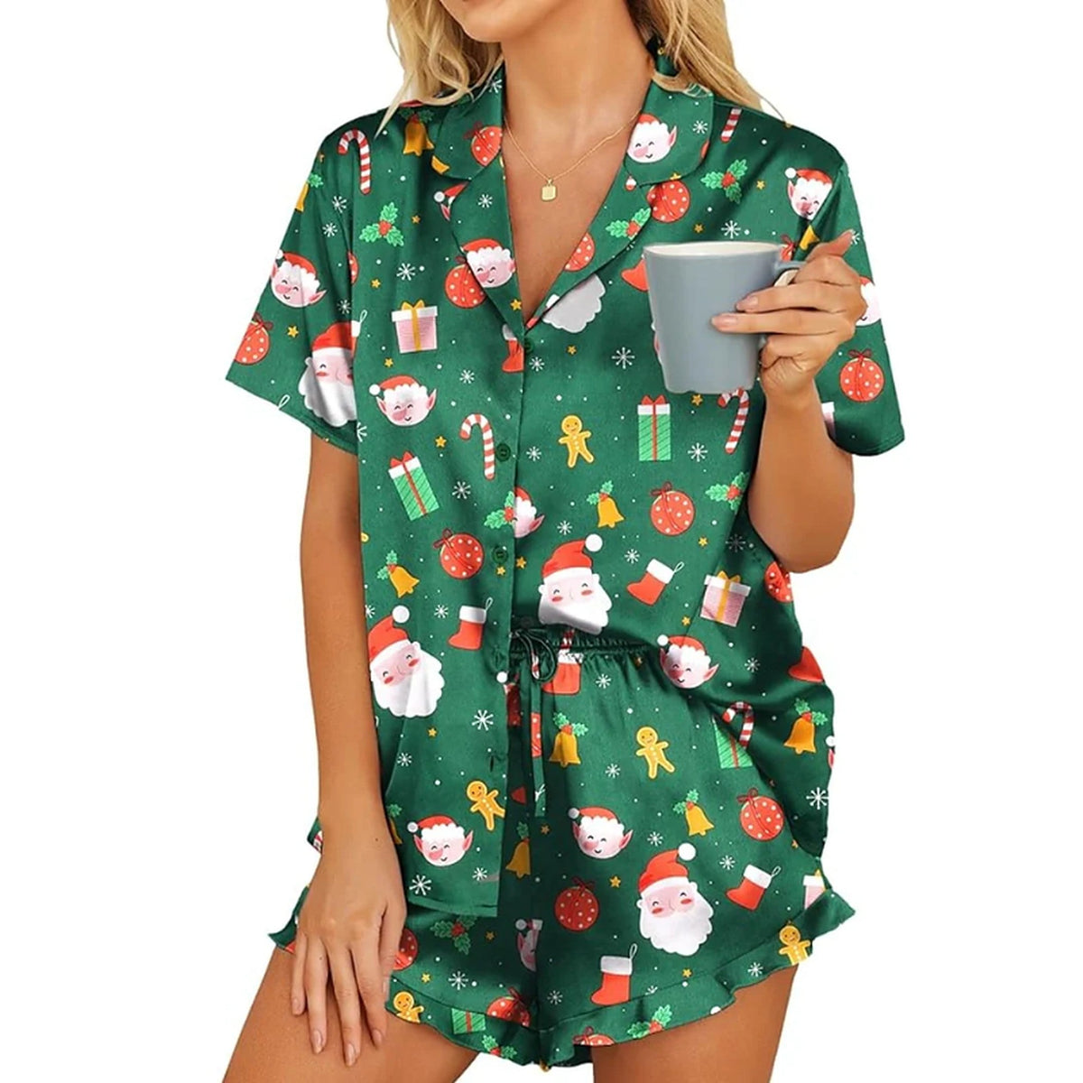 Women's Christmas Pajamas - Satin Ruffled Set with Festive Print
