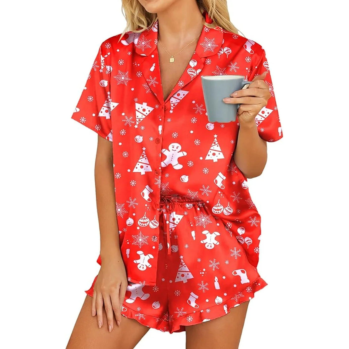 Women's Christmas Pajamas - Satin Ruffled Set with Festive Print