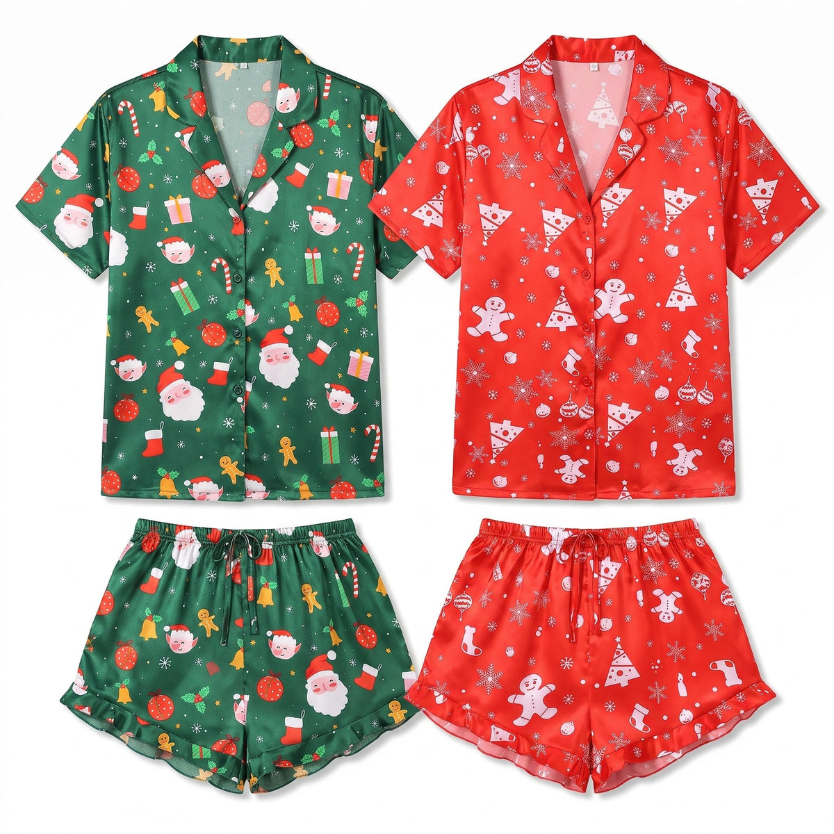 Women's Christmas Pajamas - Satin Ruffled Set with Festive Print