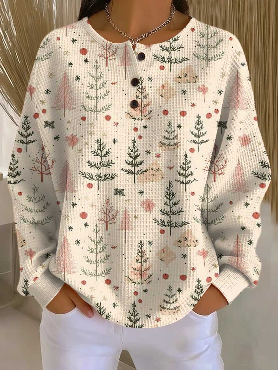 Women's Christmas Tree Print Button-Front Ribbed Knit Sweater
