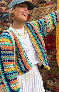 Women's Chunky Knit Rainbow Striped Open-Front Cardigan