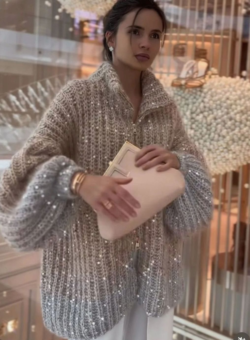 Women's Chunky Knit Sequin Zip-Collar Oversized Cardigan