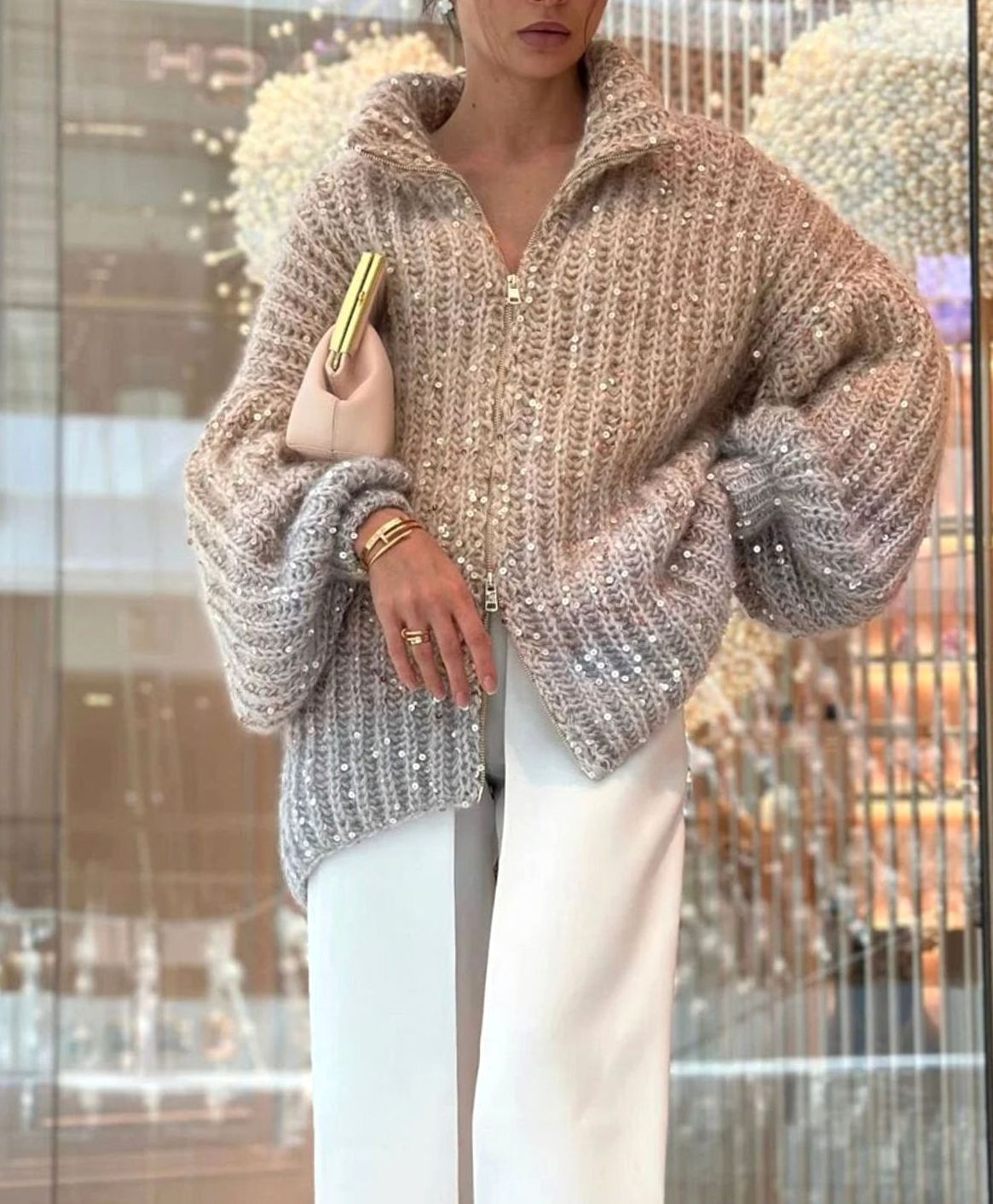 Women's Chunky Knit Sequin Zip-Collar Oversized Cardigan