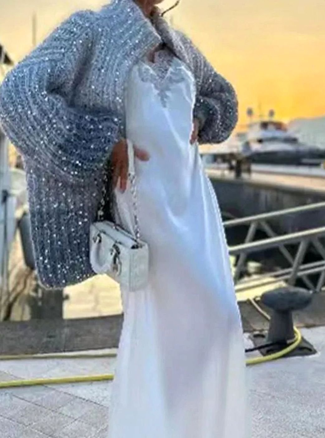Women's Chunky Knit Sequin Zip-Collar Oversized Cardigan