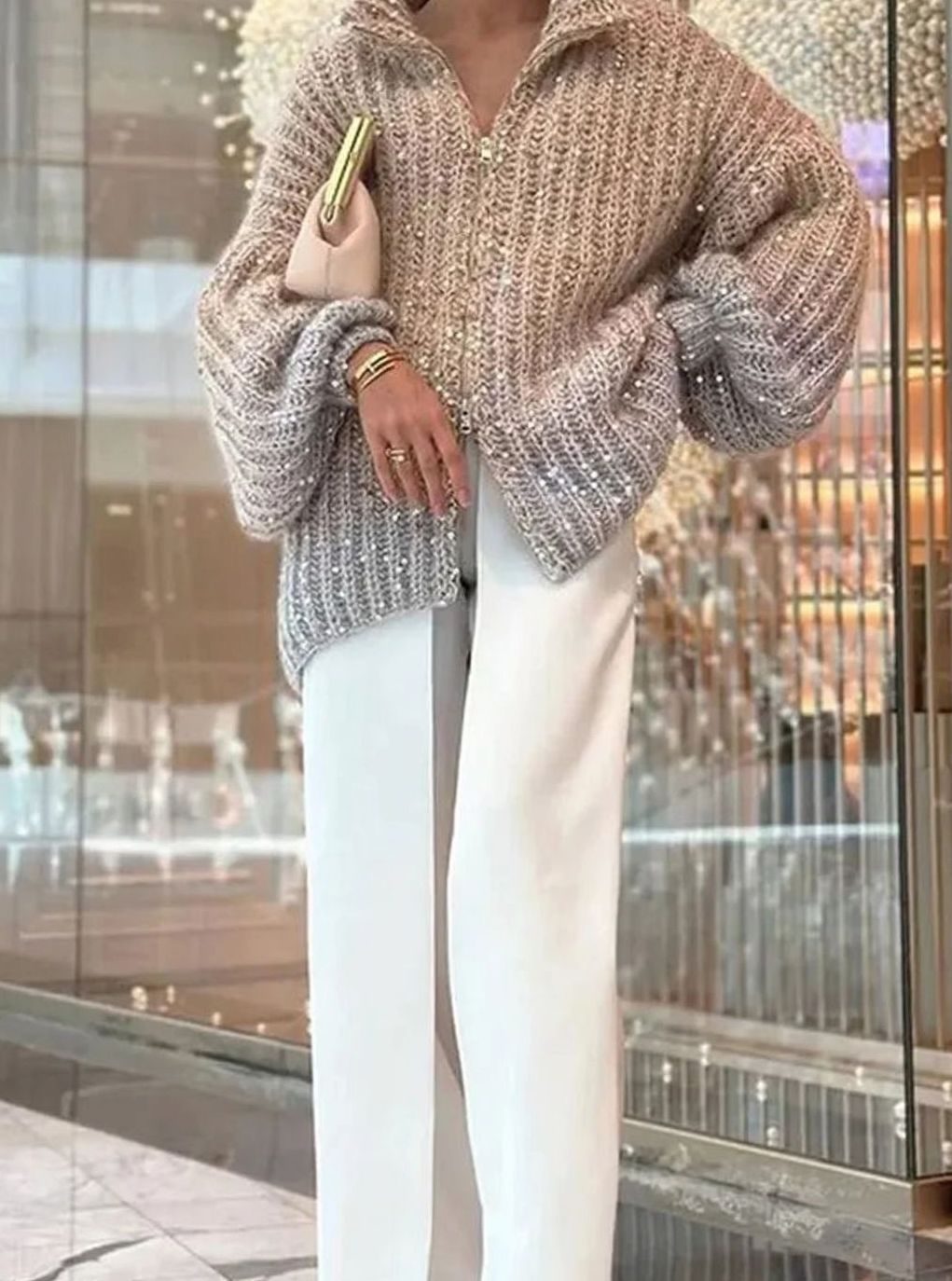 Women's Chunky Knit Sequin Zip-Collar Oversized Cardigan