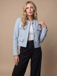 Women's Collarless Cropped Tweed Blazer with Gold Buttons and Flap Pockets
