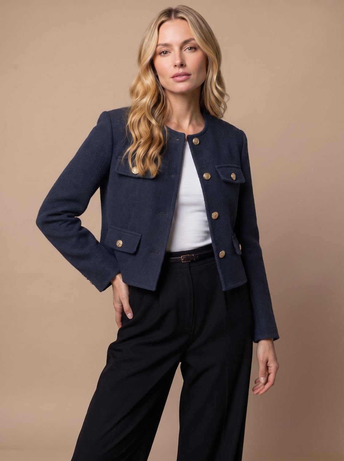 Women's Collarless Cropped Tweed Blazer with Gold Buttons and Flap Pockets