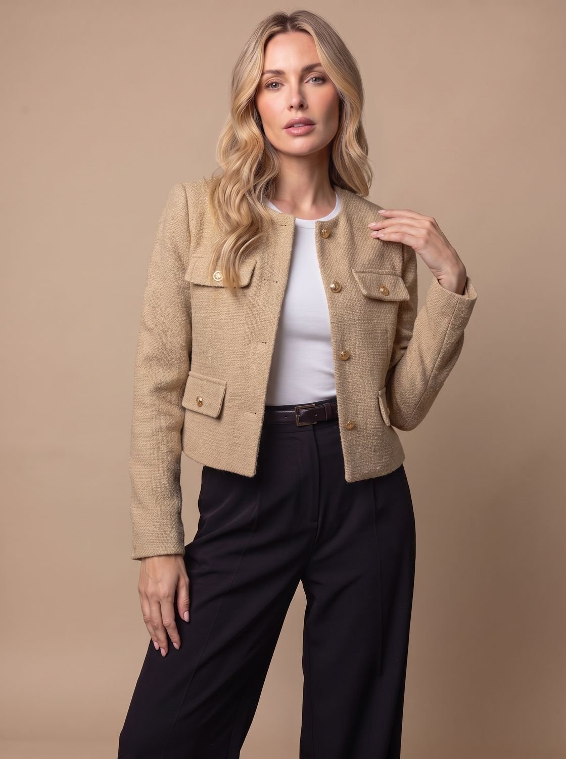 Women's Collarless Cropped Tweed Blazer with Gold Buttons and Flap Pockets