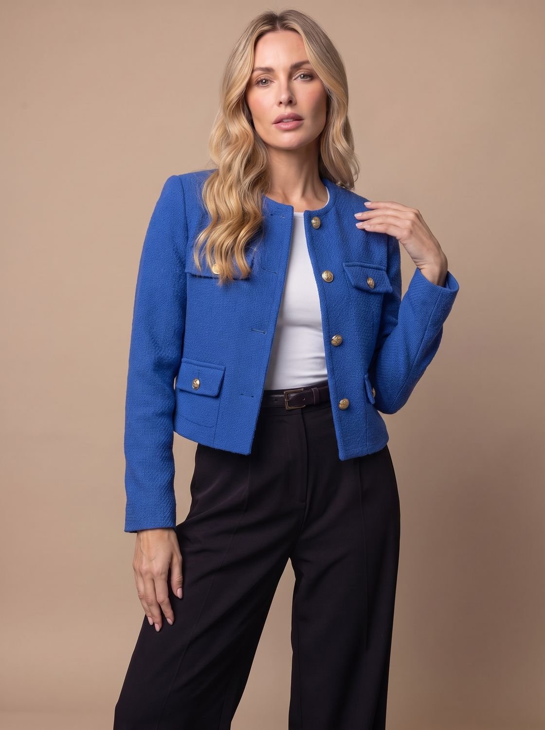 Women's Collarless Cropped Tweed Blazer with Gold Buttons and Flap Pockets