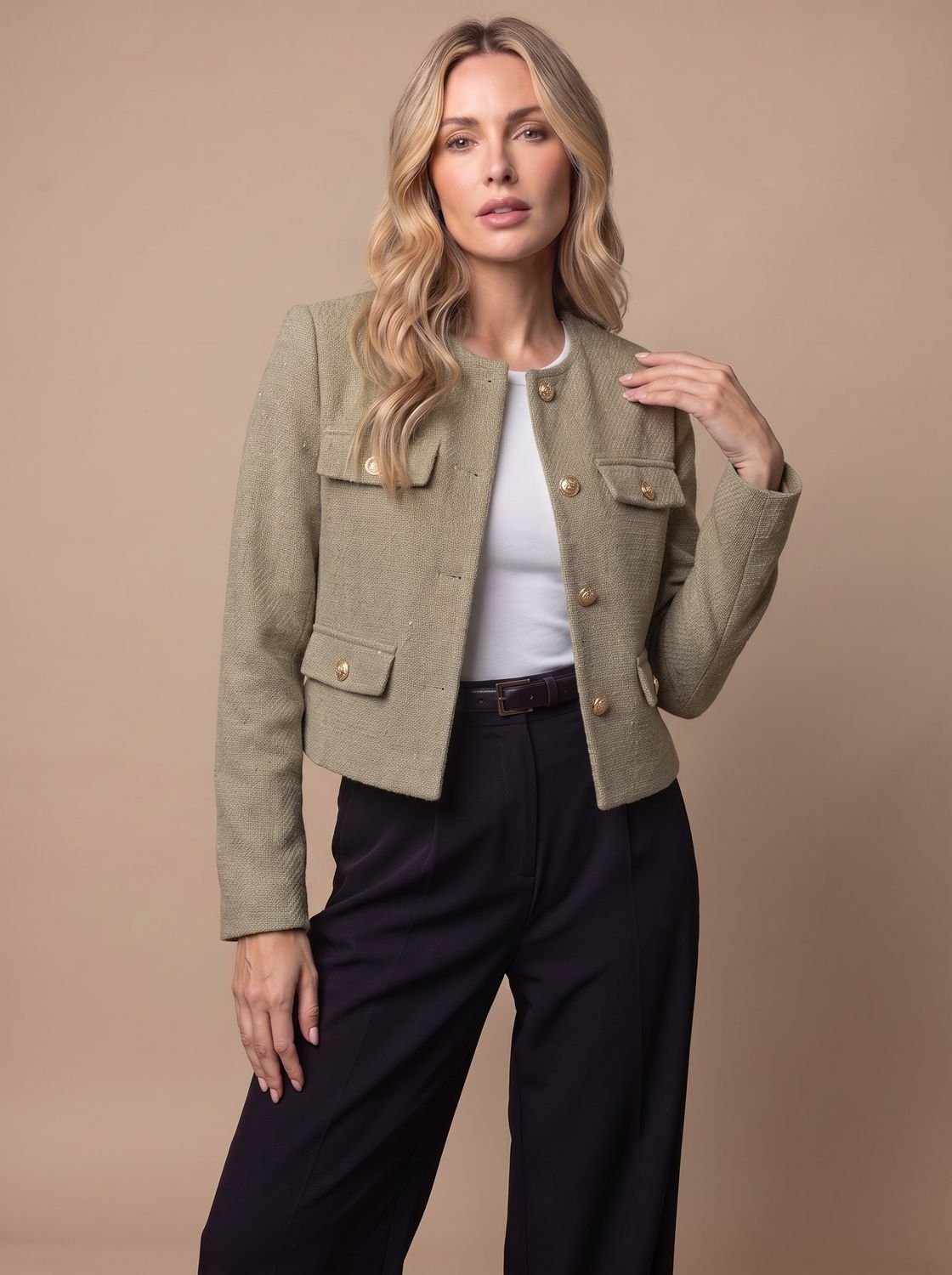 Women's Collarless Cropped Tweed Blazer with Gold Buttons and Flap Pockets