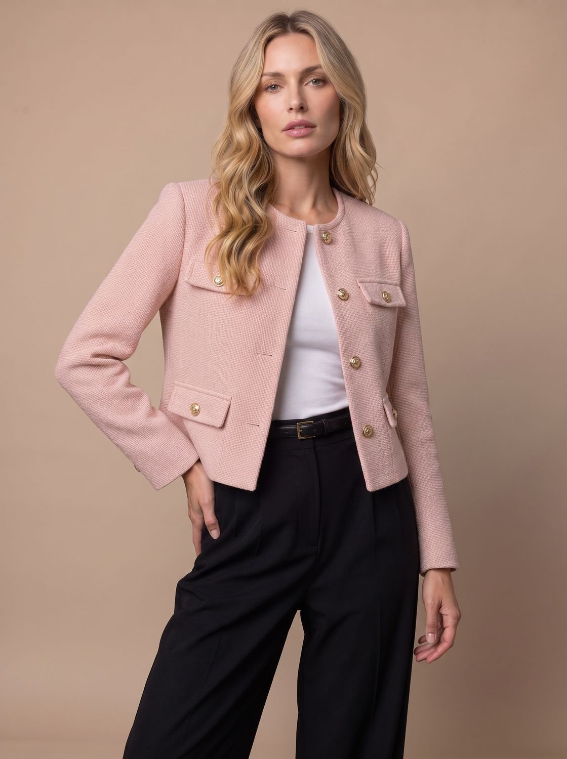 Women's Collarless Cropped Tweed Blazer with Gold Buttons and Flap Pockets