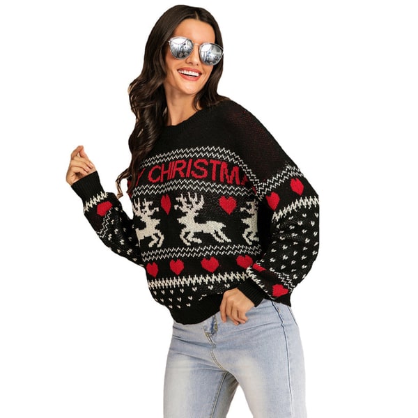 Women's Crewneck Knit Christmas Sweater with Reindeer and Fair Isle Design