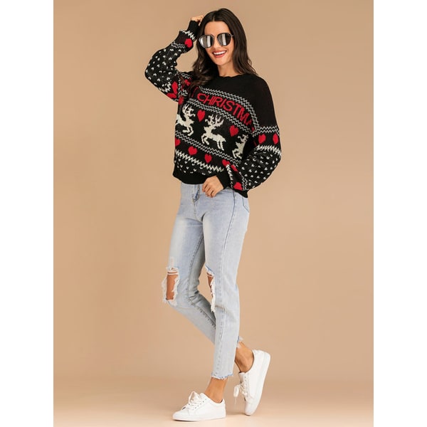 Women's Crewneck Knit Christmas Sweater with Reindeer and Fair Isle Design