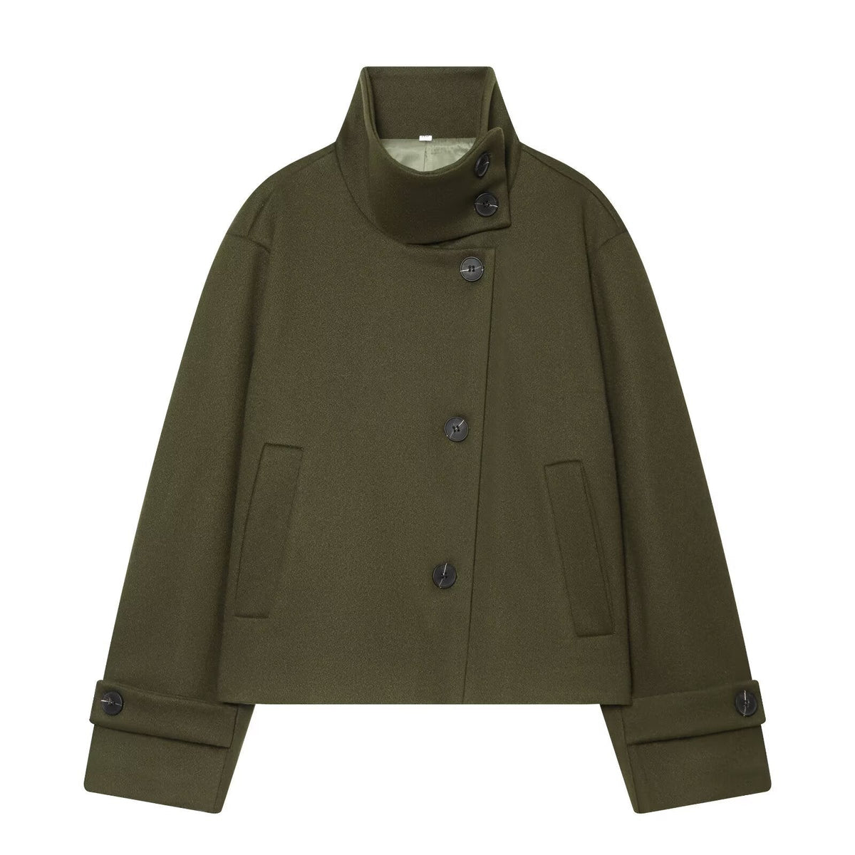 Women's Cropped Wool Coat with High Stand Collar, Buttoned Cuffs and Pockets
