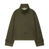 Women's Cropped Wool Coat with High Stand Collar, Buttoned Cuffs and Pockets
