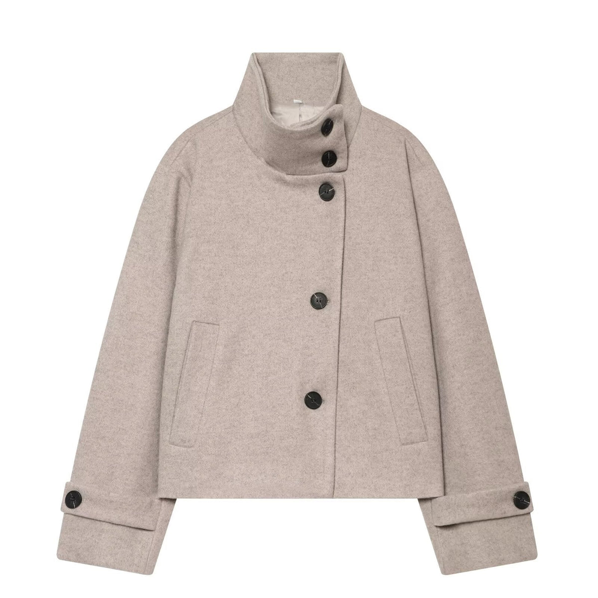 Women's Cropped Wool Coat with High Stand Collar, Buttoned Cuffs and Pockets