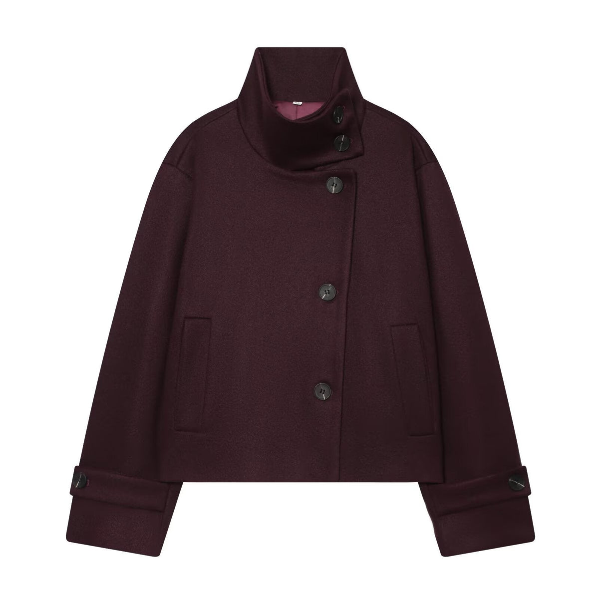 Women's Cropped Wool Coat with High Stand Collar, Buttoned Cuffs and Pockets
