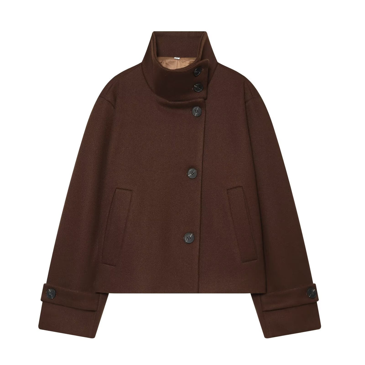 Women's Cropped Wool Coat with High Stand Collar, Buttoned Cuffs and Pockets