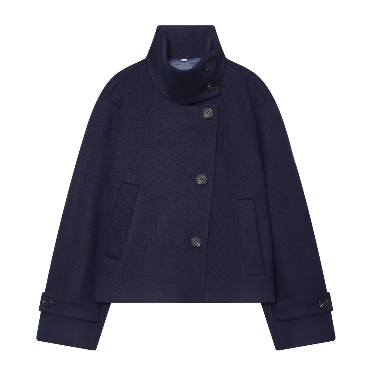 Women's Cropped Wool Coat with High Stand Collar, Buttoned Cuffs and Pockets