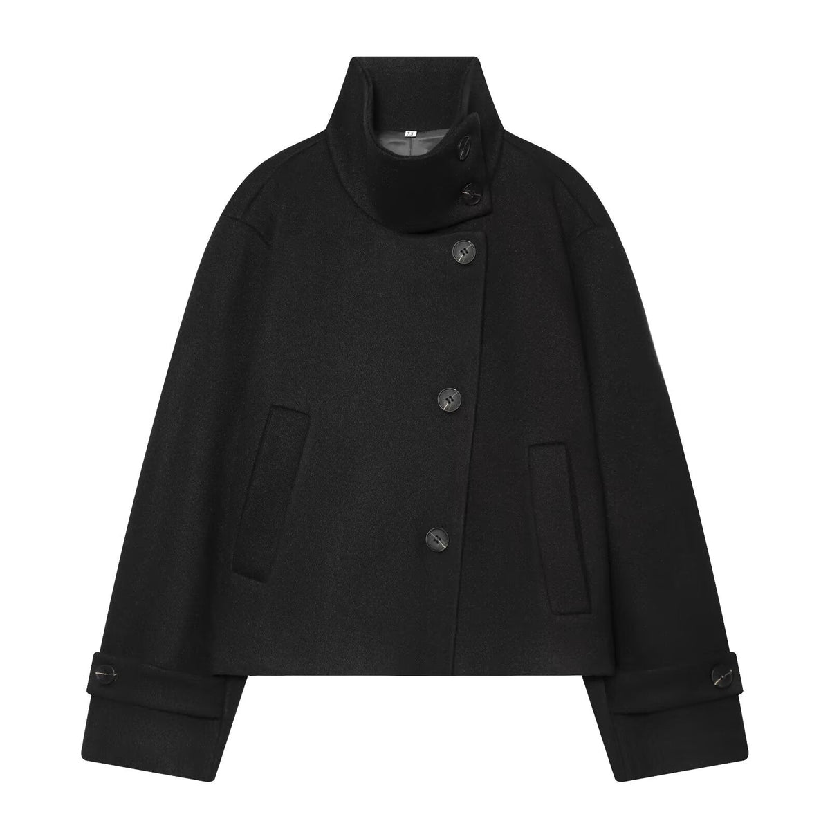 Women's Cropped Wool Coat with High Stand Collar, Buttoned Cuffs and Pockets