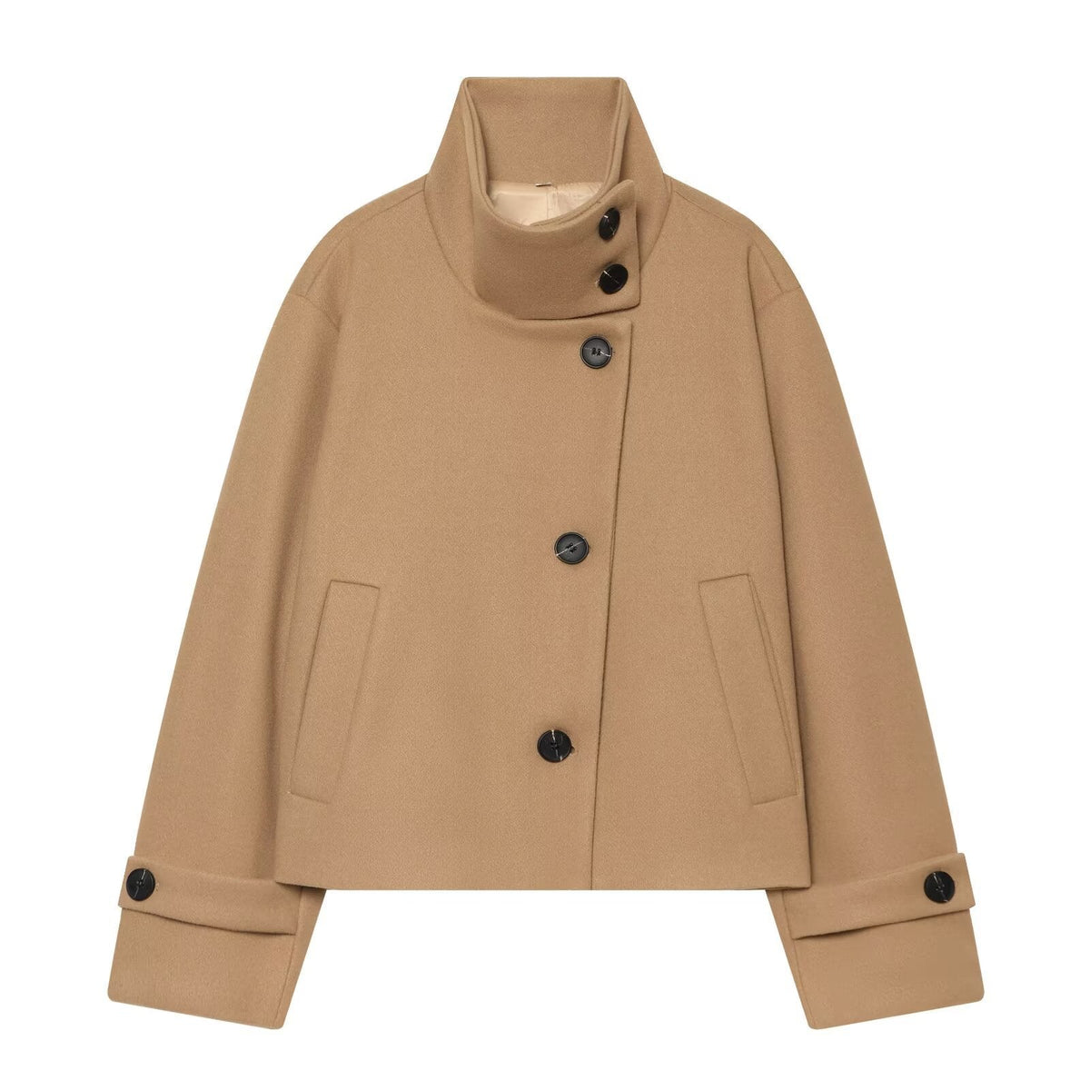 Women's Cropped Wool Coat with High Stand Collar, Buttoned Cuffs and Pockets