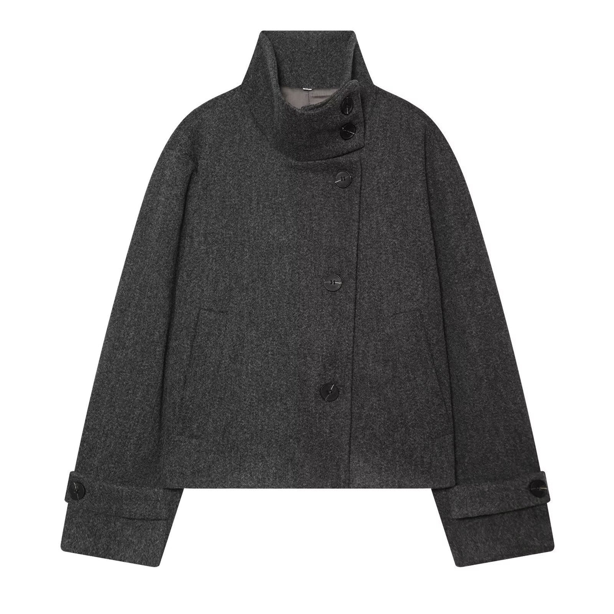 Women's Cropped Wool Coat with High Stand Collar, Buttoned Cuffs and Pockets