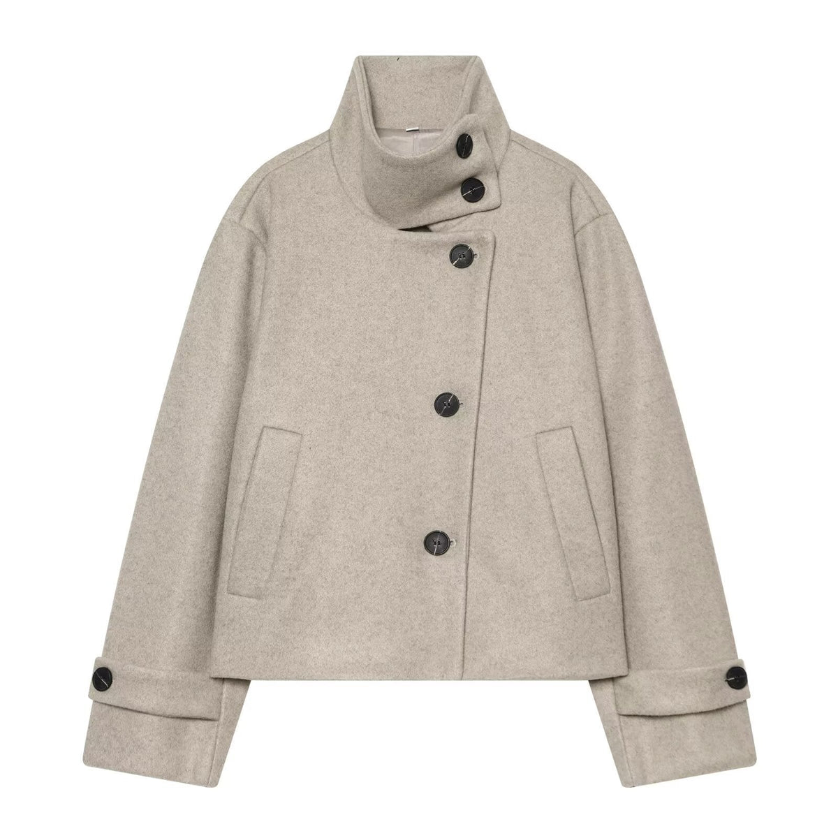 Women's Cropped Wool Coat with High Stand Collar, Buttoned Cuffs and Pockets