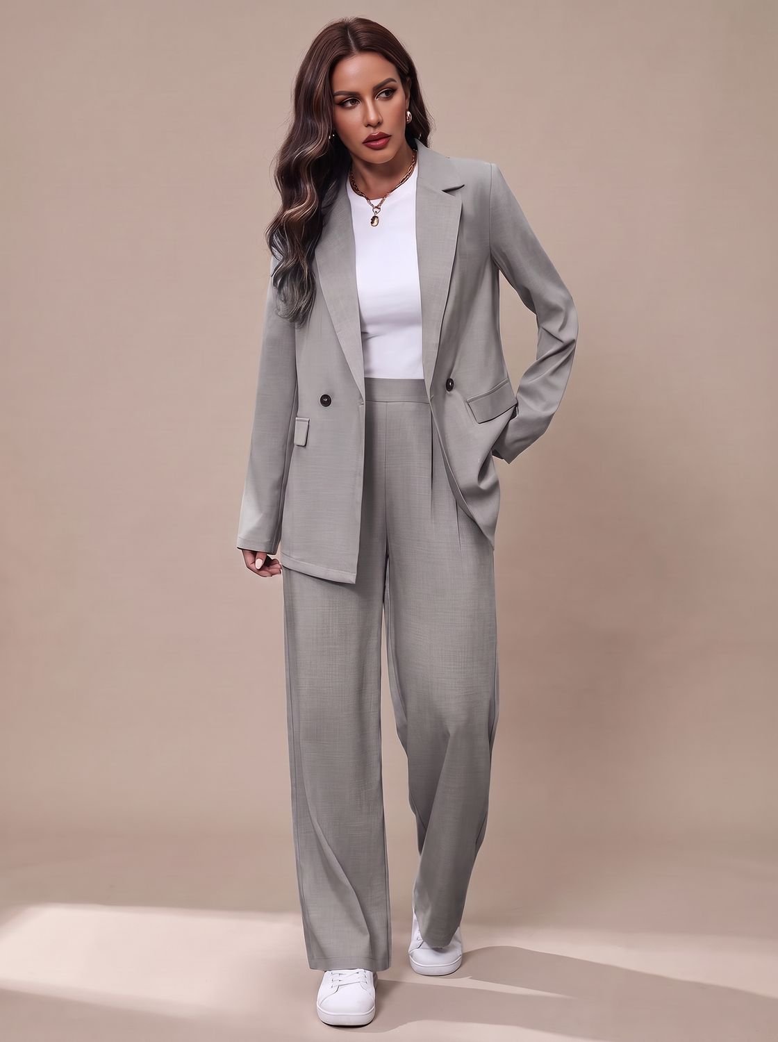 Women's Double-Breasted Tailored Wide-Leg Blazer and Pants Suit Set