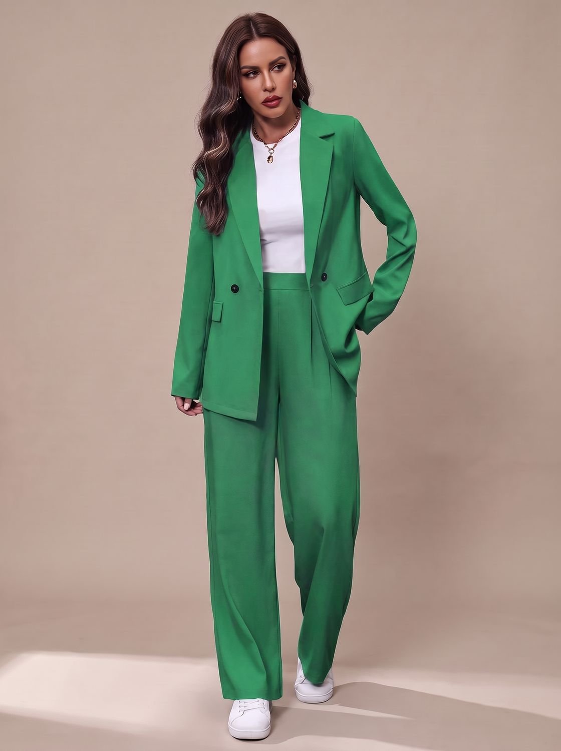 Women's Double-Breasted Tailored Wide-Leg Blazer and Pants Suit Set