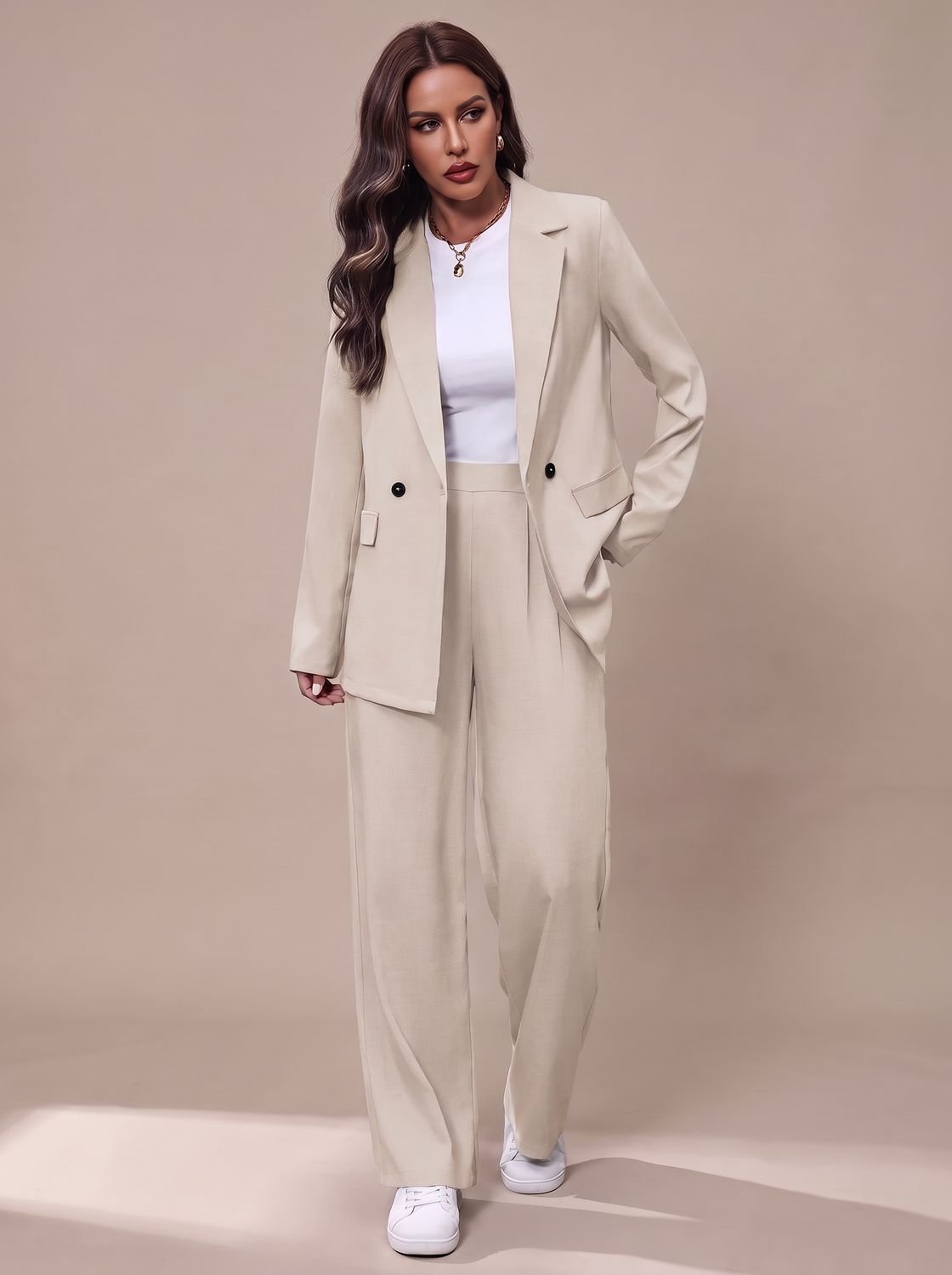 Women's Double-Breasted Tailored Wide-Leg Blazer and Pants Suit Set