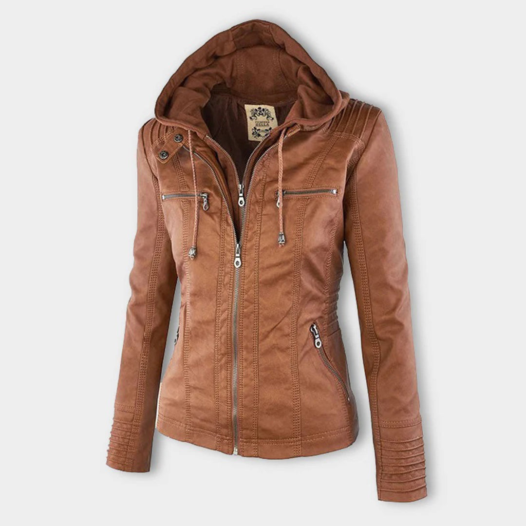 Women's Double-Lined Leather Jacket with Hood