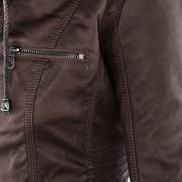 Women's Double-Lined Leather Jacket with Hood