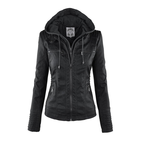 Women's Double-Lined Leather Jacket with Hood